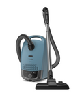 Blue vacuum cleaner with a long hose on a white background